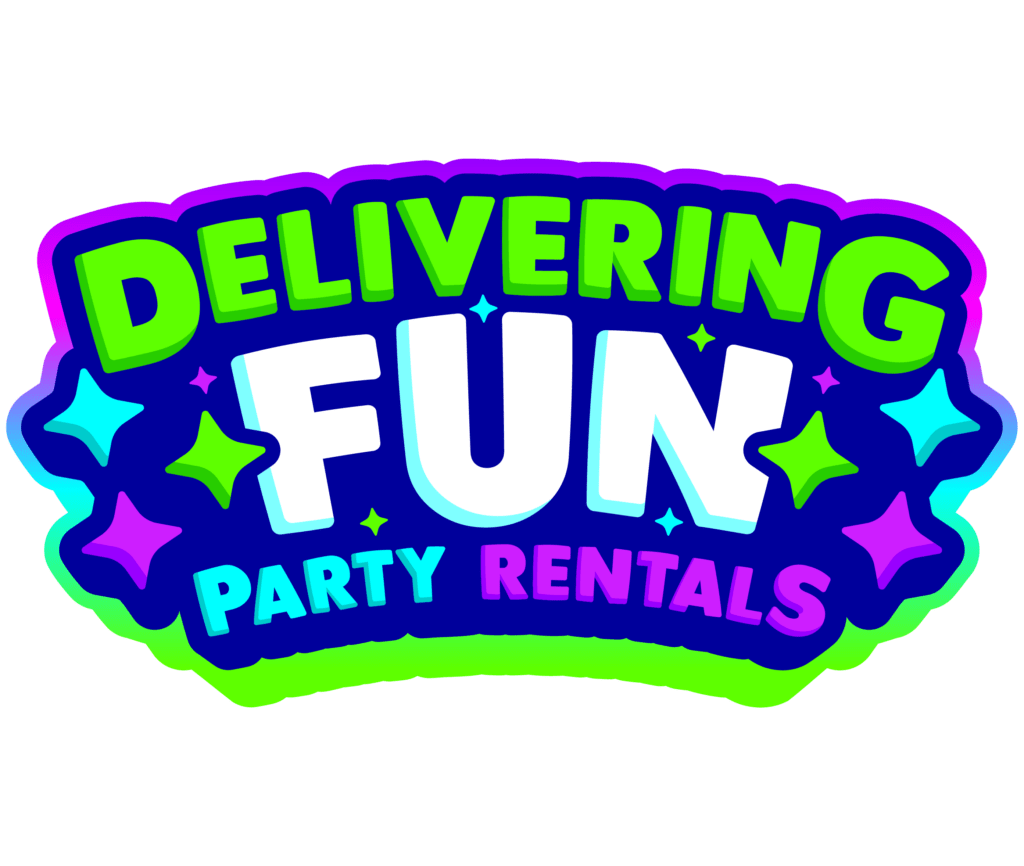 Delivering Fun Party Rentals Logo (Bright neon colored text with green at the top, white in the middle and light blue and purple on the bottom)