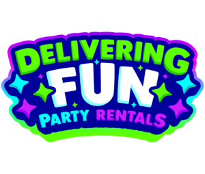 Delivering Fun Party Rentals Logo (Bright neon colored text with green at the top, white in the middle and light blue and purple on the bottom)