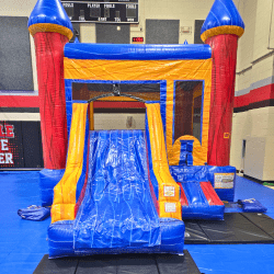 electric orange castle bounce house slide combo indoor setup seatt 1 Electric Orange Castle Bounce House & Slide Combo